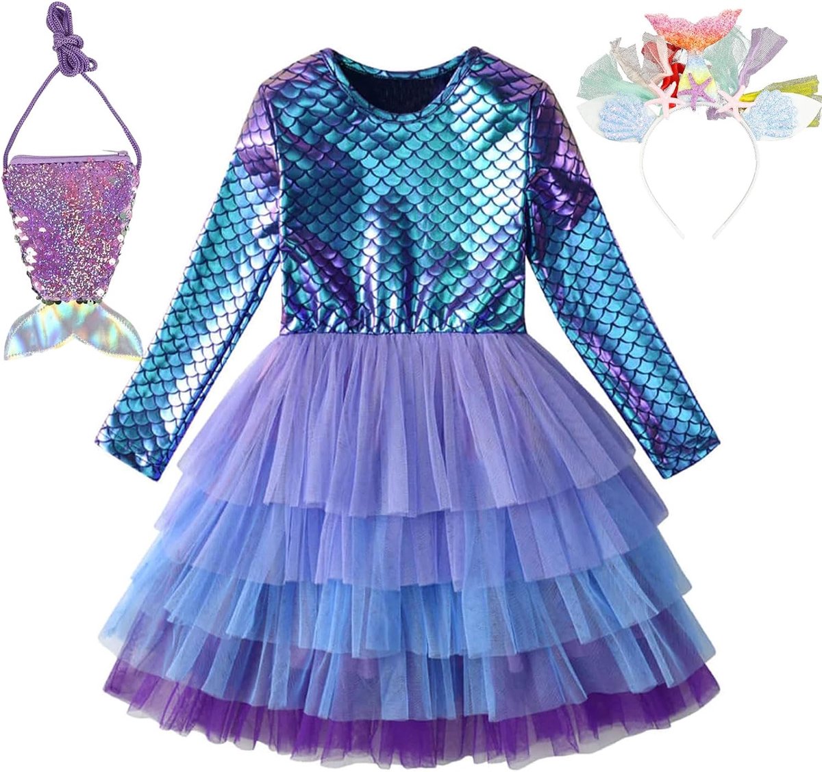 Zeemeerminkostuum voor meisjes, zeemeermin, prinses, Arielle-kostuum, jurk met lange mouwen met hoofdbanden en schooltas, Arielle-kostuum voor kinderen, voor Halloween, carnaval, cosplay, feest