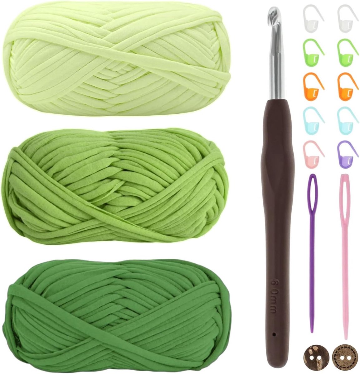 T-shirtgaren om te haken, 3 x 100 g, grof haakgaren met 6 mm haak, perfect voor haakprojecten - beginner, vriendelijke elastische stof voor doe-het-zelf ambachten