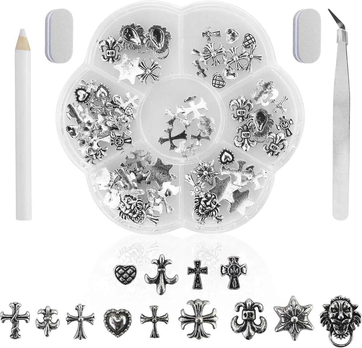 75 stuks nagelset decoratie, metalen nail art sieraden, gothic nail art sieraden, met 1 dot drill pen, 1 pincet, 2 nagelsponsvijlen, voor doe-het-zelf, nagelkunst