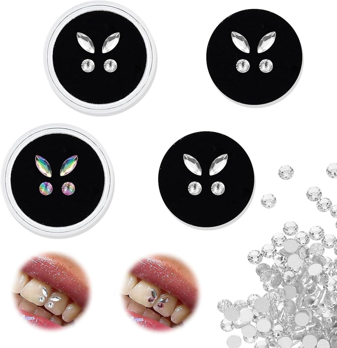 4 paar tandsteentjes, set tandversieringen, tandsteentjes-set, tandsteentjes-accessoires, vlindertandversieringen. Ideaal voor het versieren van nagels en oogmake-up.