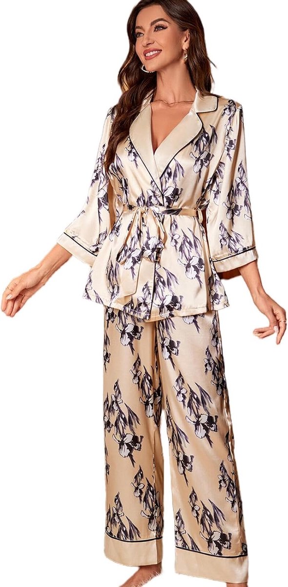 Pajama Set Fashionable Floral Print Long Sleeve Pajamas, Fashionable Lace-Up Pajamas, Soft Loungewear Sets-A-L