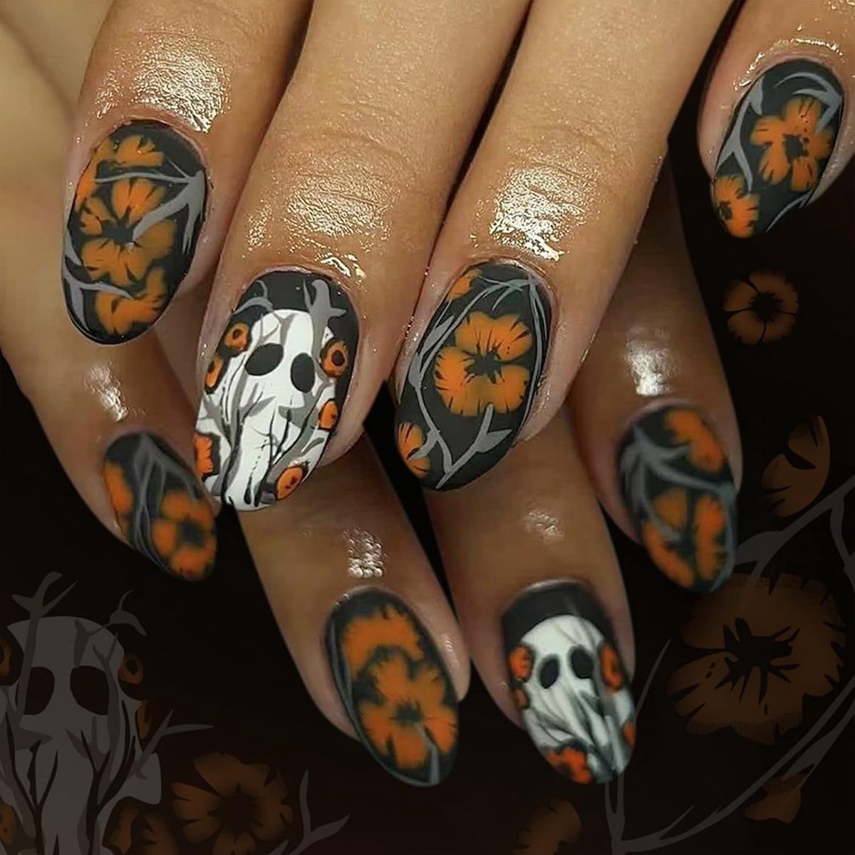 24 stuks Press-on nagels, Halloween, mat, ovaal, wit met spoken en bloesems, griezelige nepnagels oranjebruin, Halloween nagels kort, stick-on nagels