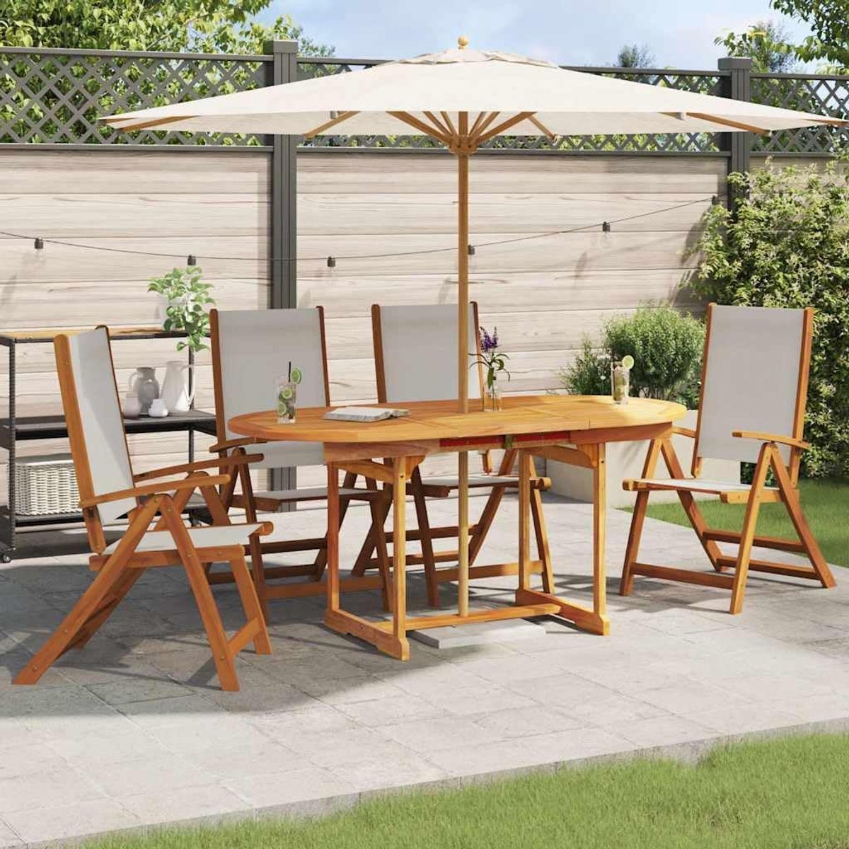 Tuinstoelen, 4 stuks, van acaciahout en textilene met verstelbare rugleuning 5 niveaus, compacte opbergruimte, voor terras en terras, max. 110 kg