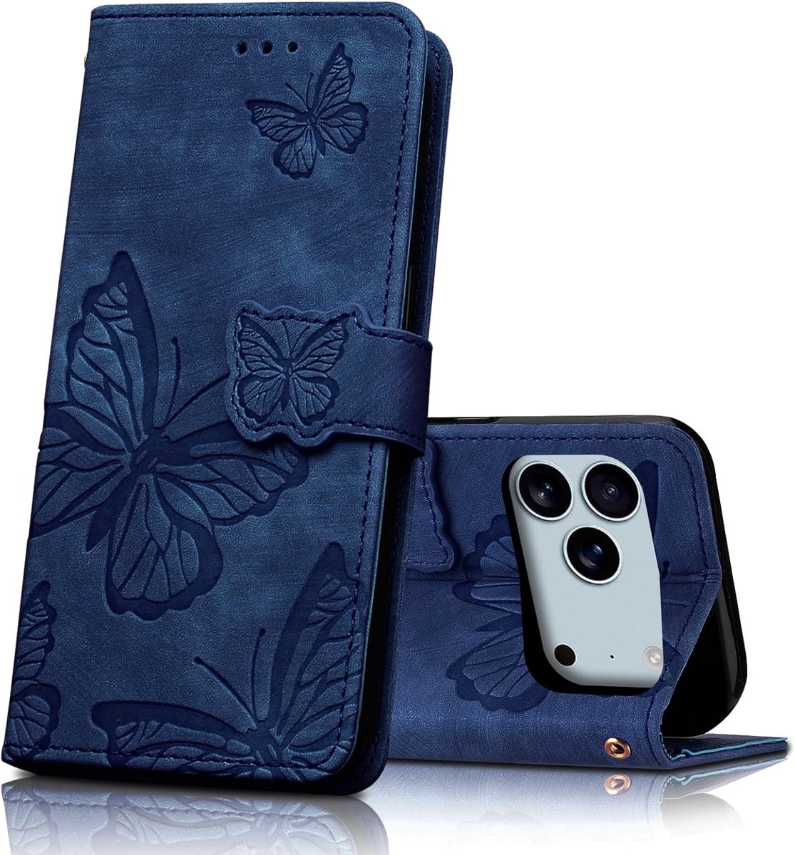 Telefoonhoesje voor iPhone 17 Pro Max, PU-leren klaphoes met kaartsleuven en kickstand, flip case, beschermhoes, blauw