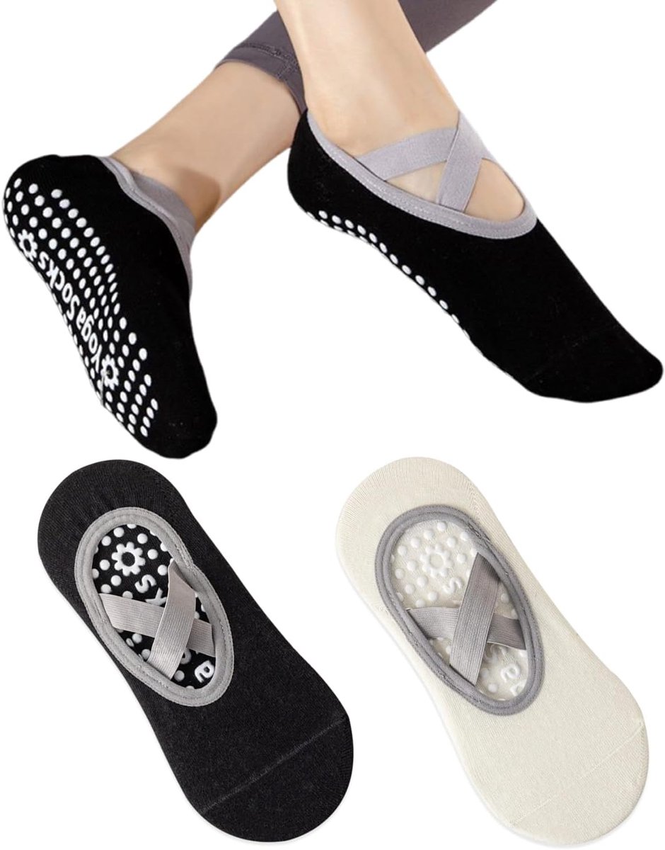Sokken voor dames, 2 paar, maat 34-42, korte sokken met koord, zwart/wit, voor pilates, stabilisatie voor absolute stabiliteit en comfort