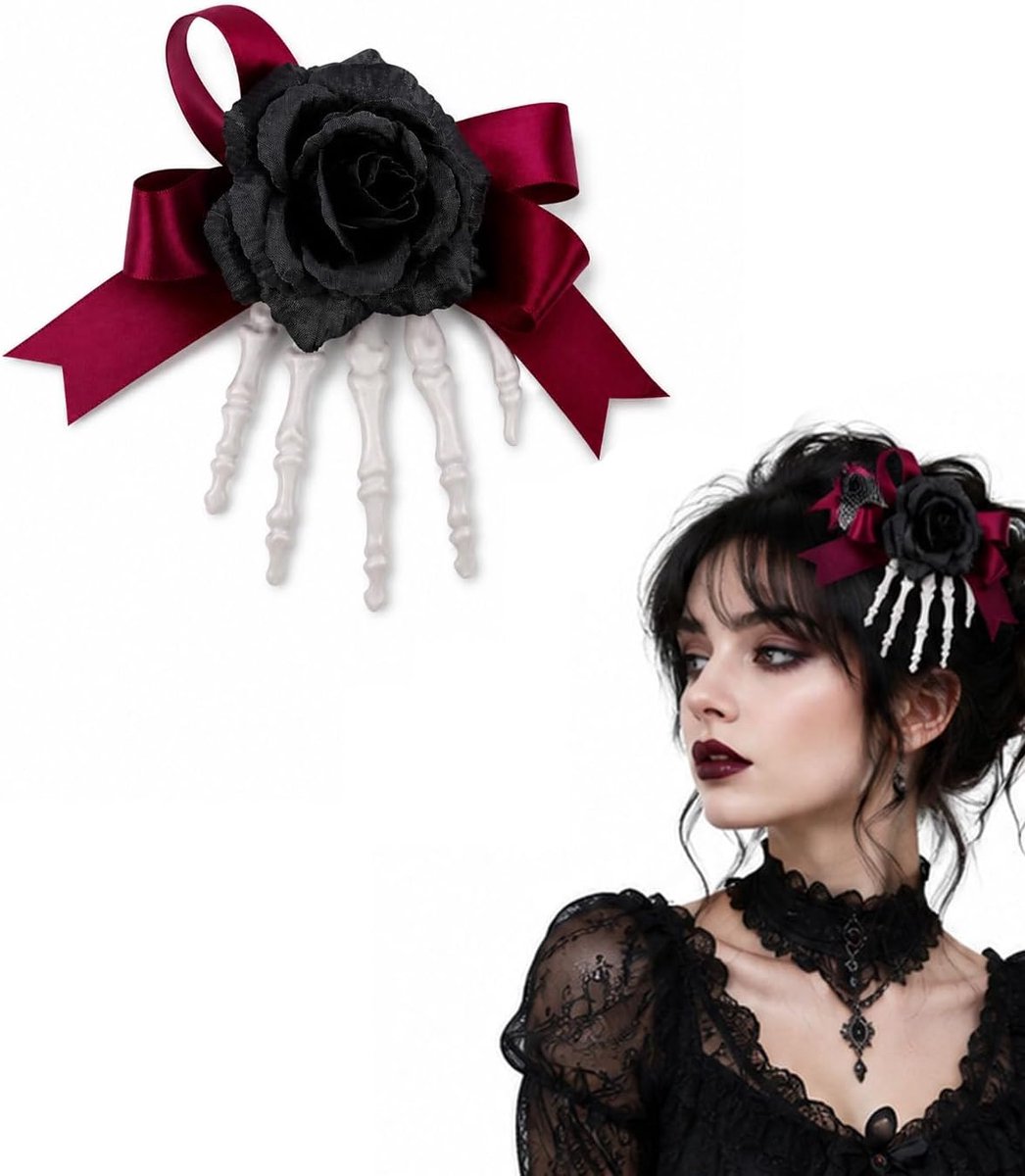 Haarspeld, 1 stuk, skelethand, zwarte roos, antislip grip, voorkomt haarbreuk, perfect voor Halloween-kostuums en donkere stijlen.