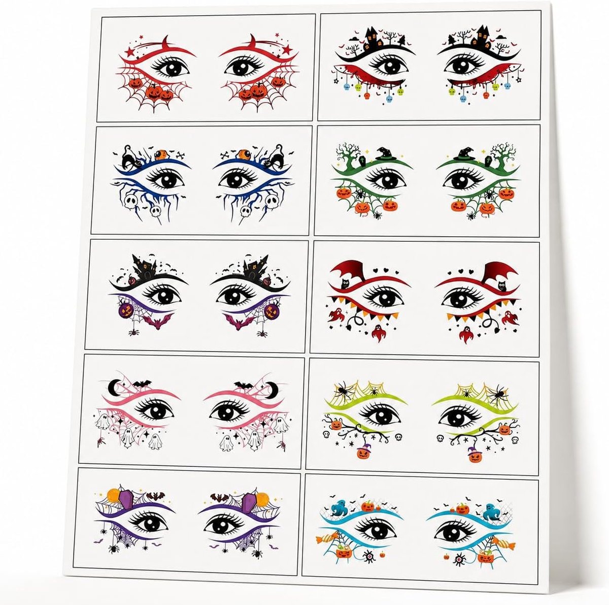 Tijdelijke 10 vellen, meerkleurige gezichtstatoeages met pompoen, zwarte kat, doodshoofd, geest, vleermuis en spin, nep-tatoeages voor volwassenen, party, cosplay make-up
