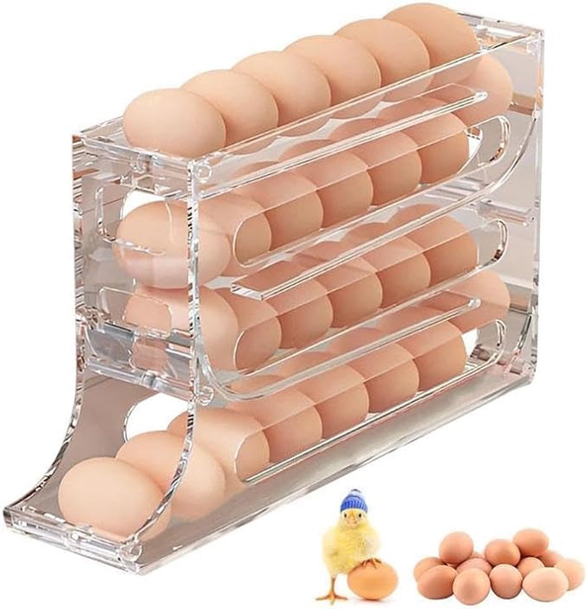 Eierdispenser met 4 niveaus met rolfunctie, eierhouder voor koelkastdeur, stapelbare eierorganizer (capaciteit 30 eieren), ruimtebesparend en transparant, BPA-vrij van PP-materiaal