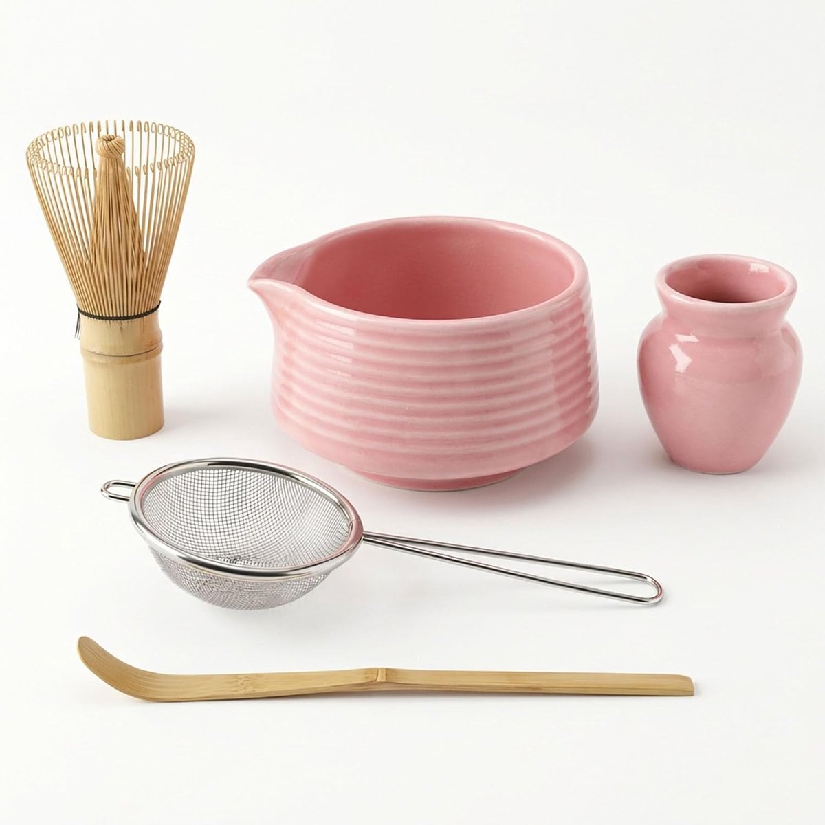 5-delige matcha-bereidingsset, keramische matcha-schaal met schenktuit, bamboe Chasen (garde), Chashaku (theelepel), zeef en bezemhouder, ideaal voor matcha-thee-ceremonie en cadeau (roze)