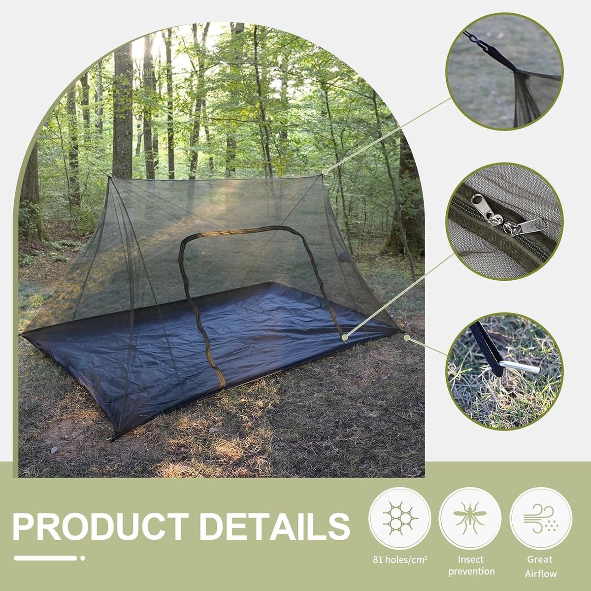 Grote Mosquito Net voor Camping, 240 x 140 x 110 cm, Lichtgewicht Insectennet met Ritssluiting voor Buitenactiviteiten, Hiking en Reizen, Zwart