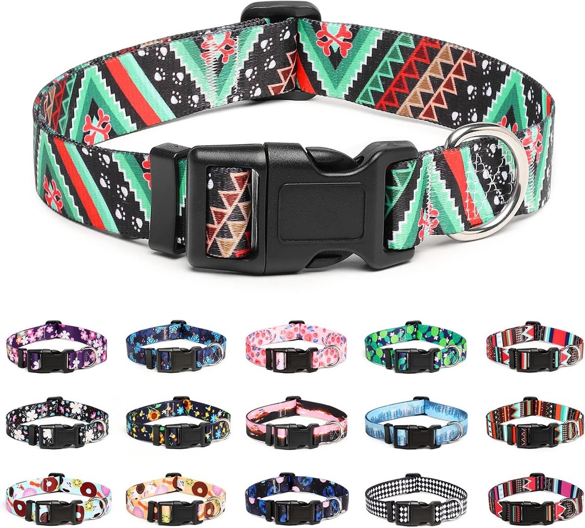 Verstelbare hondenhalsband - speciale ontwerpen, zachte comfortabele duurzame nylon halsband voor kleine, middelgrote en grote honden, M, etnisch groen