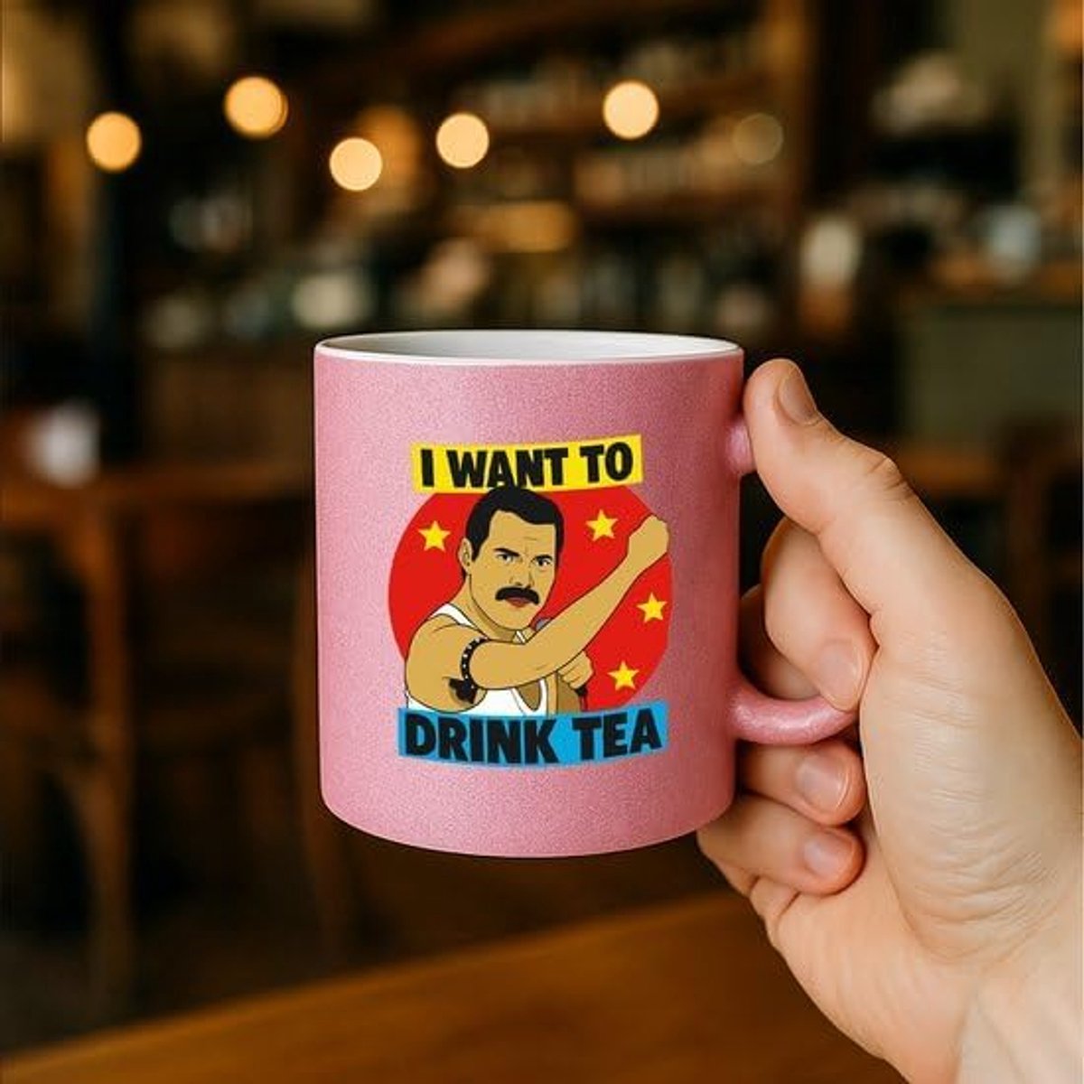 Want to Drink Tea Mok – Roze 330 ml – Grappige Retro Cartoon Theeliefhebber Koffiemok