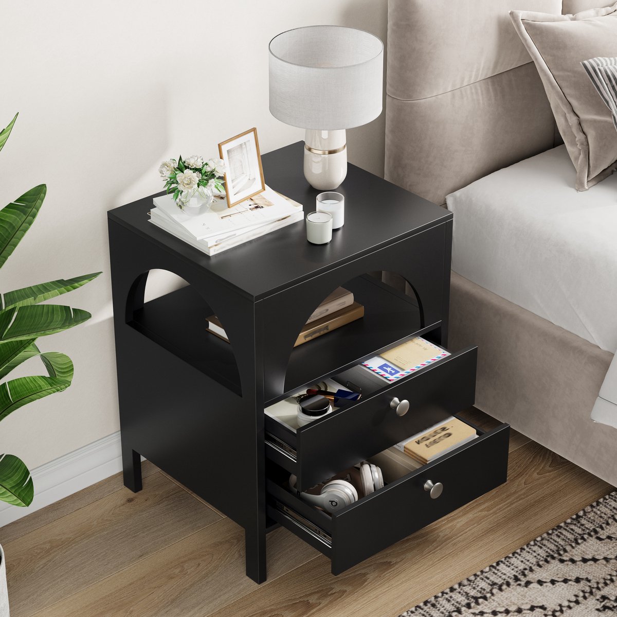 MEUNIQ Nachtkastje 45 x 40 x 58 cm met 2 lades en open vak – zwart MDF bijzetkast voor slaapkamer, woonkamer of hal met 35 kg draagvermogen