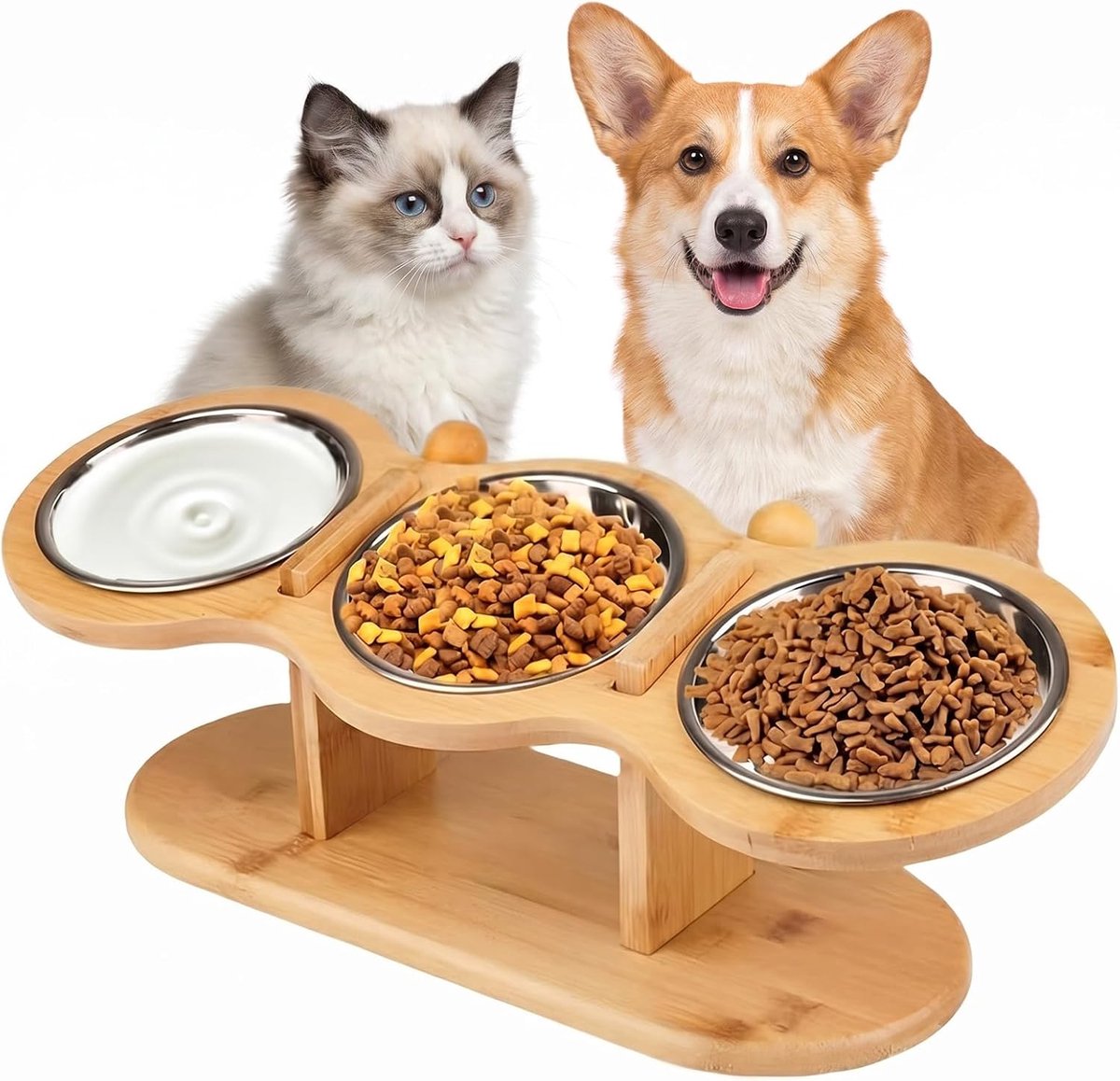 Katzenbak Voerstation Katzenbak met 15° Kanthoogte en 3 Verwissbare Edelstalen Voerbakken voor Katten en Kleine Honden