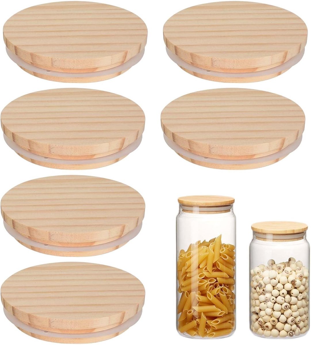 Set van 6 Stuks 80mm Bamboedeksels voor Glazen Potten, Lekvrije en Herbruikbare Silicoonafdichting voor Voedselopslag