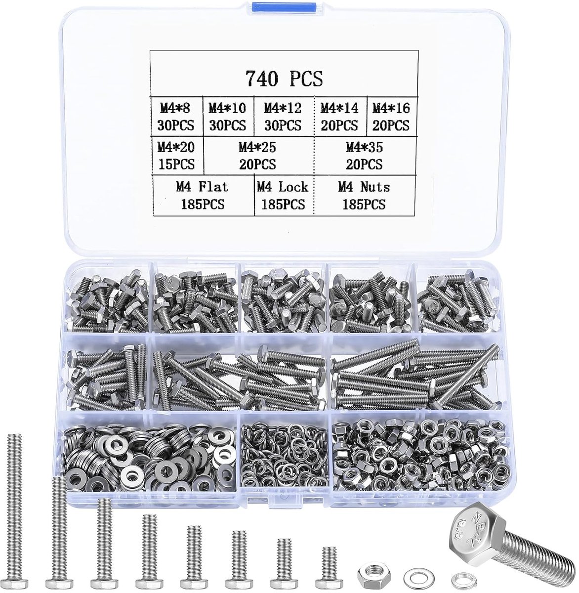 740 stuks zeskantschroeven, moeren, M4 schroeven, roestvrijstalen schroefdraadschroeven, machineschroeven, assortiment, fietsschroeven en moeren met sluitringen voor automeubels (M4)