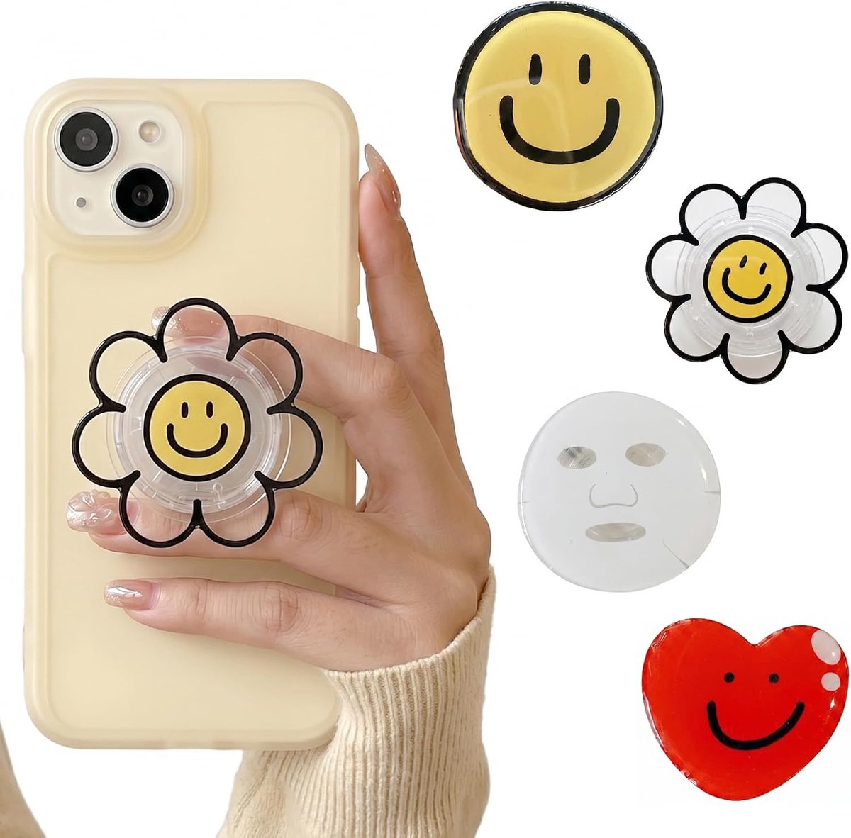 4 stuks universele houders voor smartphone en e-reader, bloemen en vlinder, zelfklevende design, opvouwbare handgreep, perfect voor foto's, compatibel met tablets, praktisch accessoire