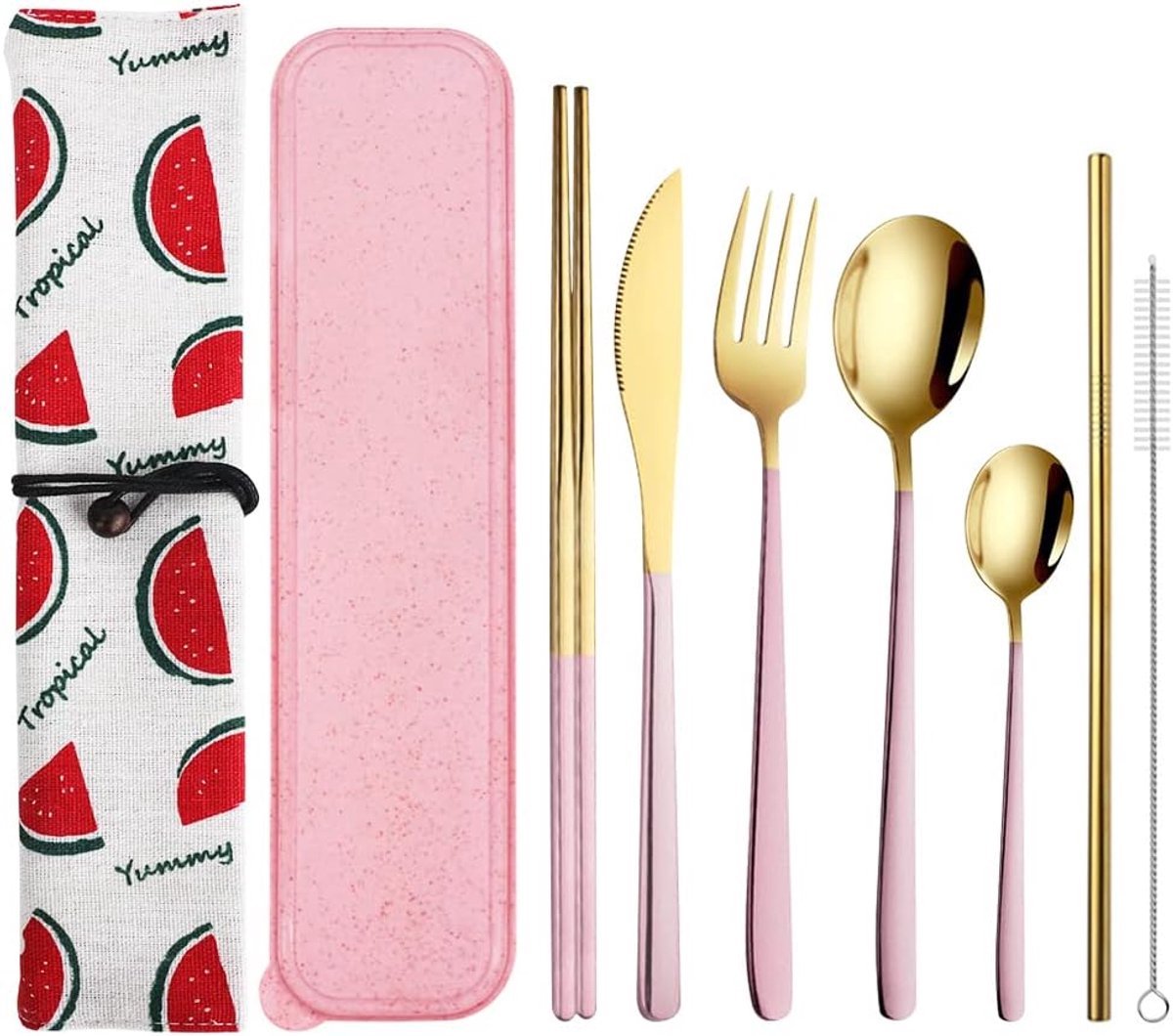 Bestek Set met Etui, Herbruikbare Roestvrij Staal Reizen Lunchgerei met Vork Lepel mes Eetstokjes en Rietjes, Reinigingsborsteltje voor Camping, Picknick(Roze)