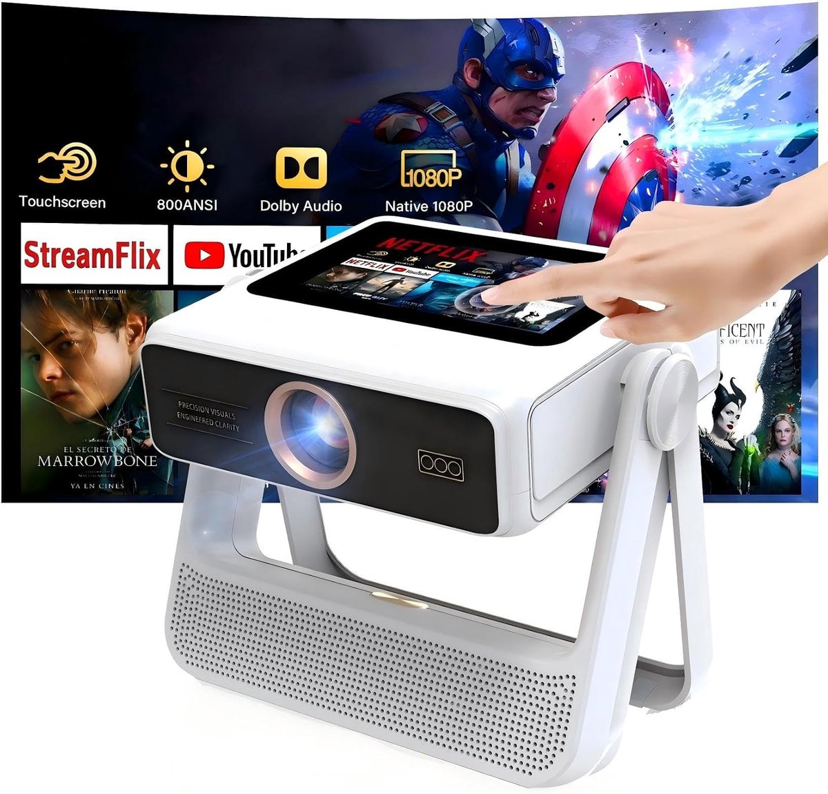 Mini Beamer 4K met Touchscreen, Draagbare Projector 1100 ANSI voor Buiten, Autofocus en Automatische Keystone Correctie, WiFi 6 Bluetooth HDR10+, 1000+ Apps, Dual Display Thuisbioscoop Beamer
