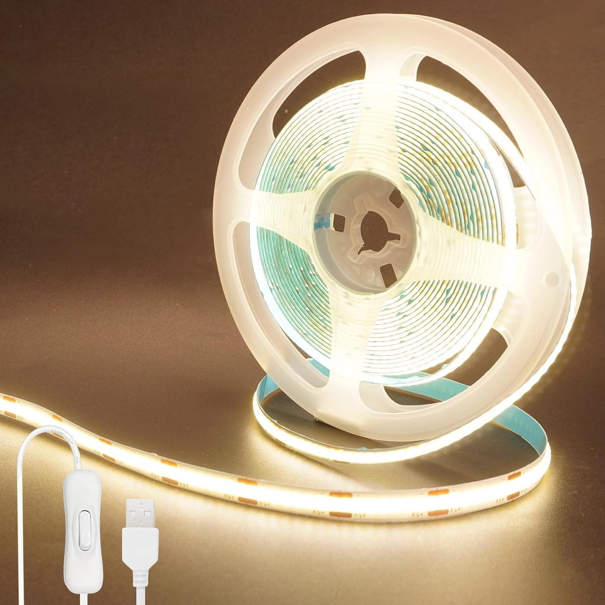 5V USB COB LED strip met schakelaar 2Packs, 16.4FT/5M, natural white 4000K, 320led /M, 8mm breed, niet waterdicht IP20,1M USB kabel voor doe-het-zelf interieur