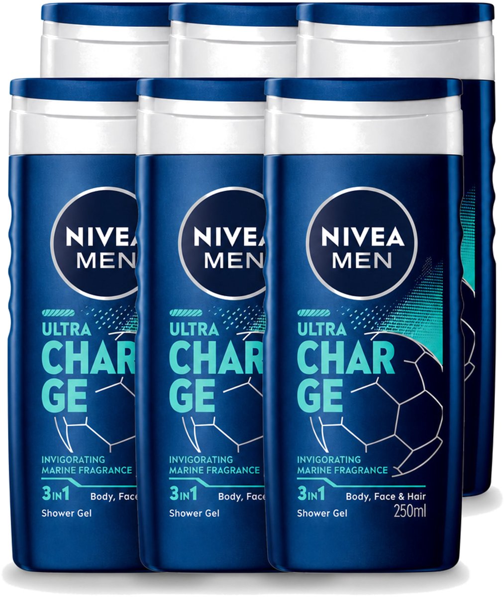 6 x Nivea Men – Douchegel – Ultra Charge – 250 ml - Voordeelverpakking - 6 stuks