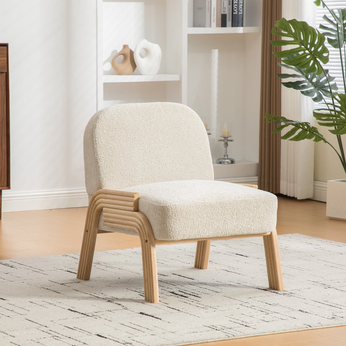MEUNIQ Scandinavische fauteuil van chenille, 72 x 61 x 78 cm, beige loungestoel zonder armleuningen met houten frame en poten voor woonkamer of slaapkamer