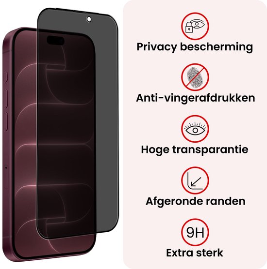 Een telefoon met een privacy screenprotector, met icoontjes voor privacy, anti-vingerafdruk, hoge transparantie en afgeronde randen.