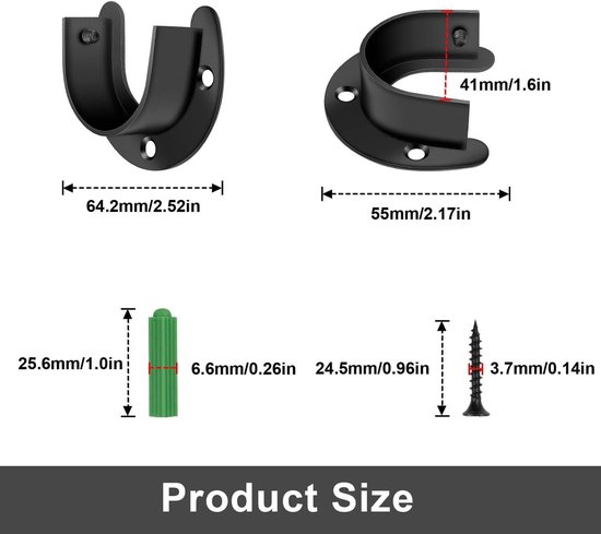 2 Stuks 38mm Kledingrail Houder, Zwarte Ronde Tube Beugel, Roestvrijstalen Steun voor Garderobe, Gordijnen en Badkameraccessoires — afbeelding 5