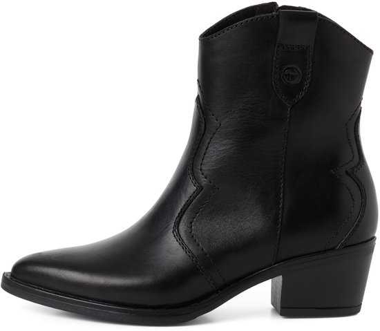 Zwarte leren cowboylaars met puntige neus en blokhak, gezien vanaf de zijkant.