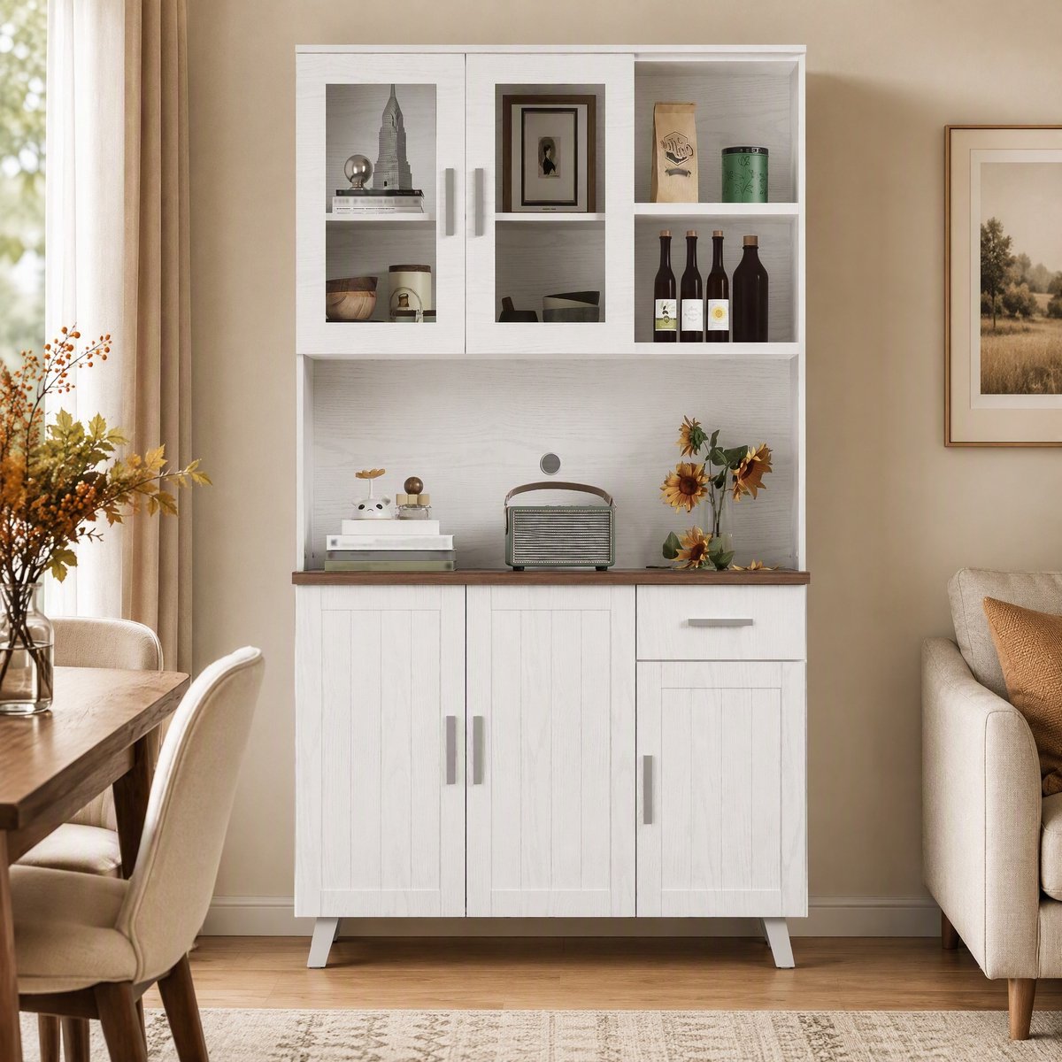 MEUNIQ Buffetkast 114 x 40 x 190 cm met 5 deuren, 2 glazen deuren, lade en open vakken – landelijke opbergkast voor woonkamer en eetkamer – wit/bruin