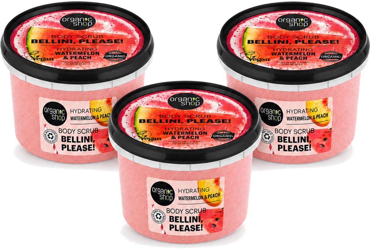 3 x Organic Shop - Body Scrub Watermelon & Peach - Hydratatie en Frisheid - 250 ml - Voordeelverpakking - 3 stuks