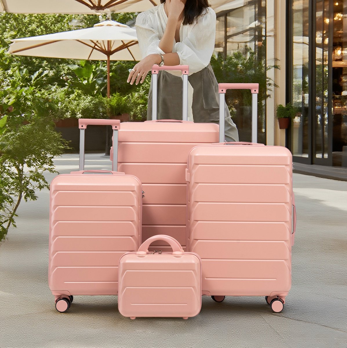 MEUNIQ 4-delige ABS hardcase kofferset 19/24/28 inch met 14 inch cosmeticakoffer, cijferslot, 360° spinnerwielen en telescopische handgreep, roze