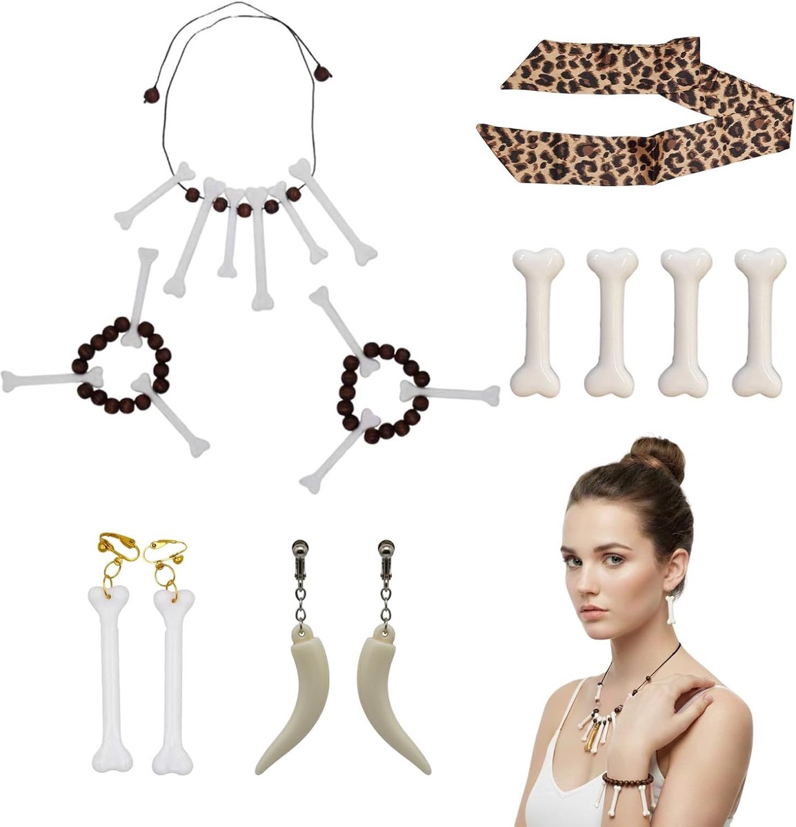 Accessoire Set 12-delig – Bot Haarclips, Ketting, Oorbellen, Armbanden, Luipaard Sjaal – Halloween Carnavals Verkleed Feest Kostuum Decoratie