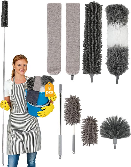 8-delige set met grijze microvezel stofdoeken, uitschuifbare steel en blauwe emmer voor reiniging.