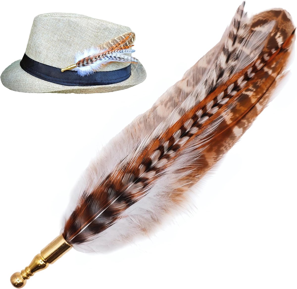 Veer pin voor hoed, Broche met Echte Veren, Verenpin als Hoedversiering voor Bruiloften, Cowboyhoeden, Fedora's, Hoedaccessoire Hoedspeld met veer, Boho Feather Hat Pin, Bruin/Wit 11–12cm