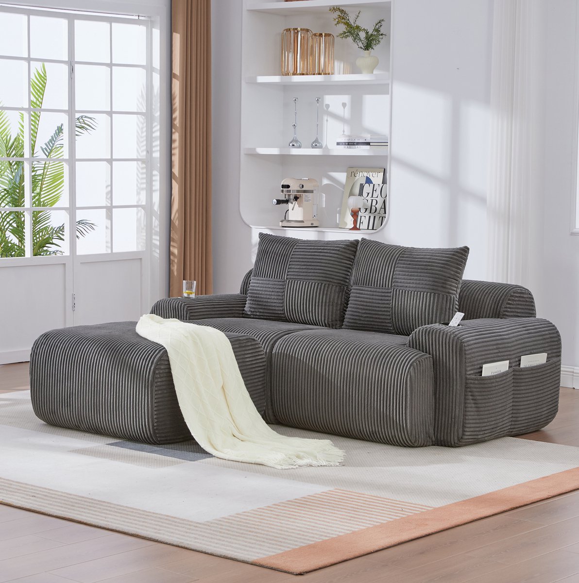 MEUNIQ Modulaire hoekbank 2-zits met hocker, cuphouder en opbergtas – corduroy stoffen bank voor woonkamer en familiekamer – donkergrijs