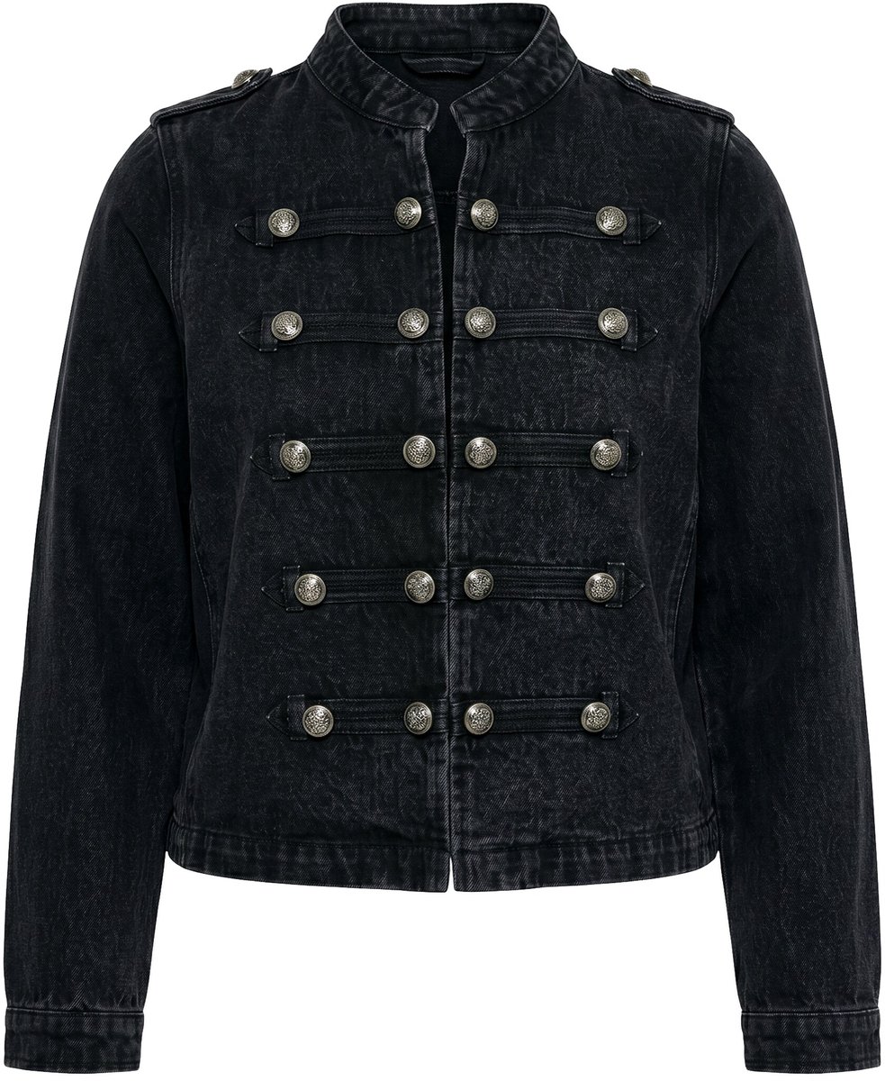 Ulla Popken - Dames - Military denim jack opstaande kraag epauletten - Zwart - Maat 48