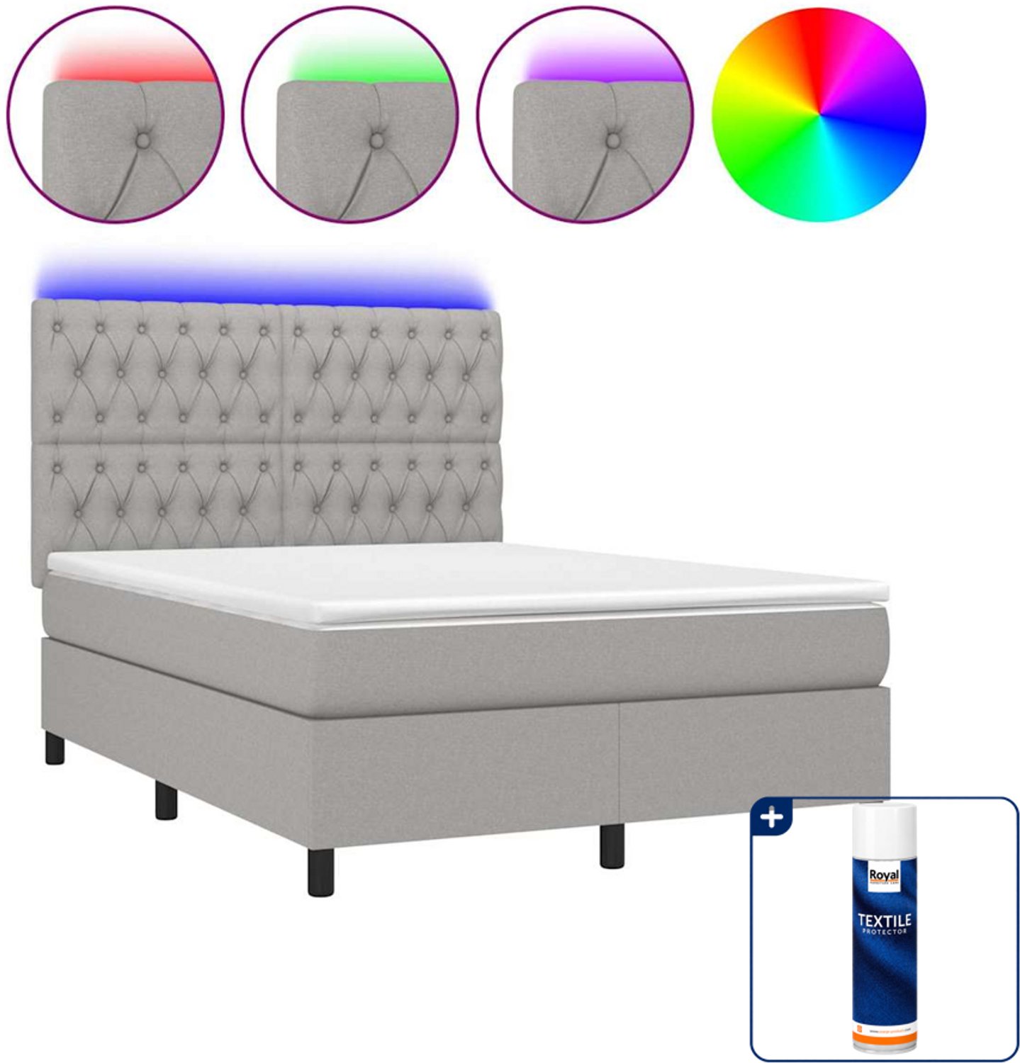 vidaXL boxspring met matras en led - 140 x 190 cm - lichtgrijs - Inclusief textielbeschermer 500 ml