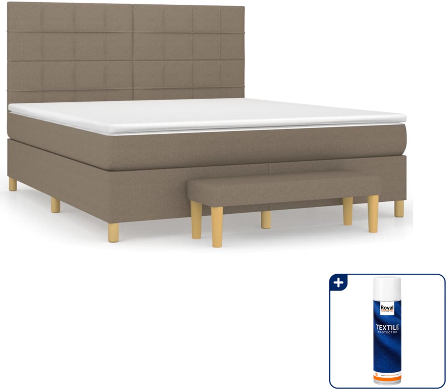 vidaXL Kingsize boxspring met matras en bankje - 180x200 cm - taupe - Inclusief textielbeschermer 500 ml