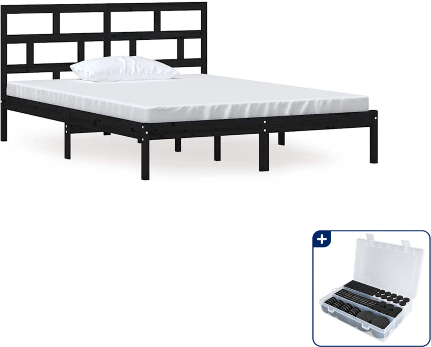 vidaXL bedframe - 150 x 200 cm - massief grenenhout - zwart - Inclusief antikrasvilt 177-delig