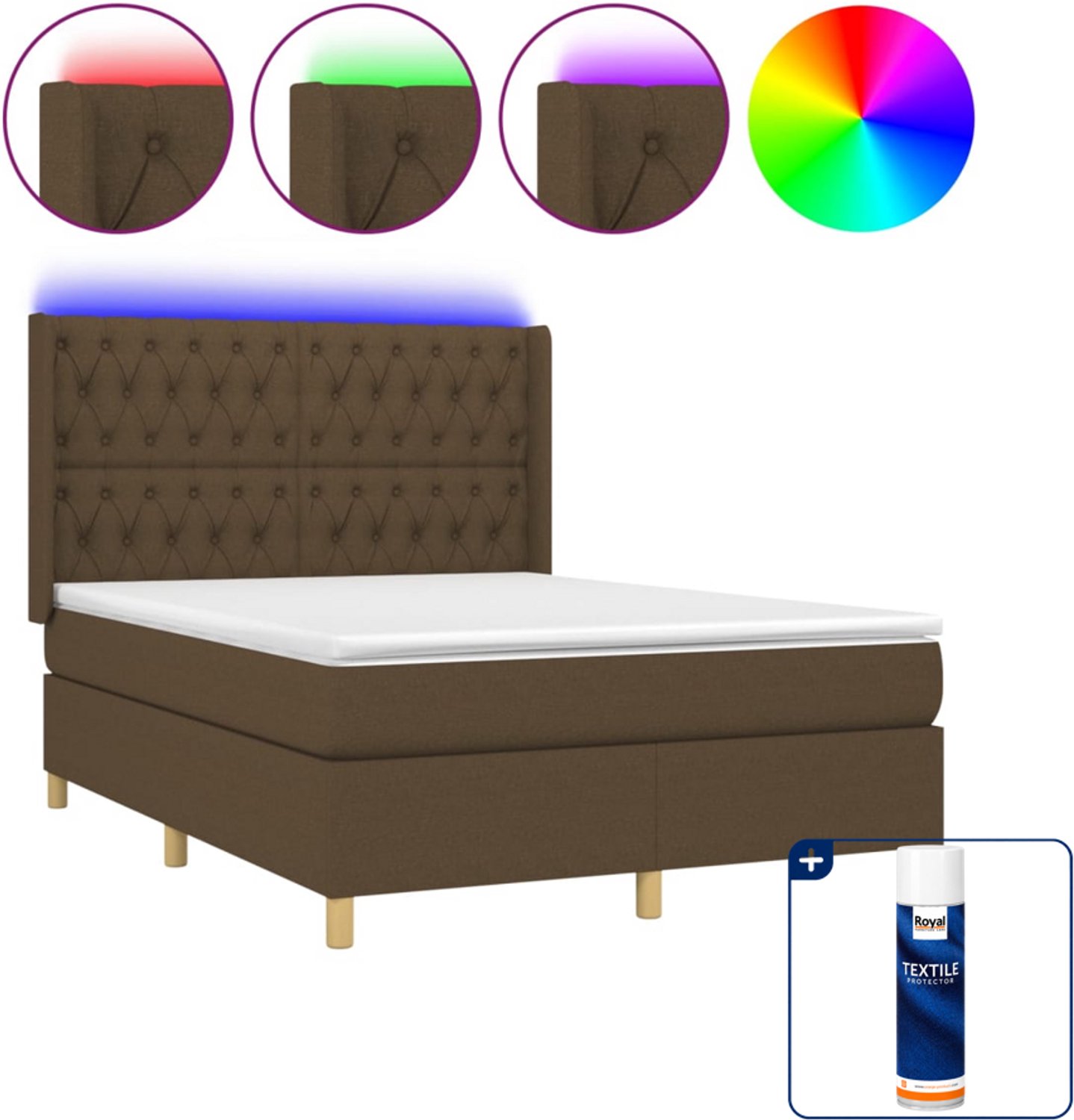 vidaXL Boxspring met matras en LED - 140 x 190 cm - donkerbruin - Inclusief textielbeschermer 500 ml