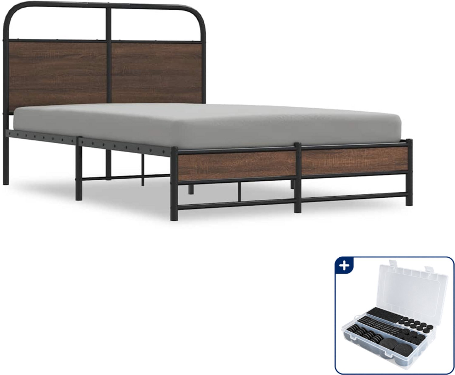 vidaXL bedframe - 120 x 200 cm - staal en bewerkt hout - bruineiken - Inclusief antikrasvilt 177-delig