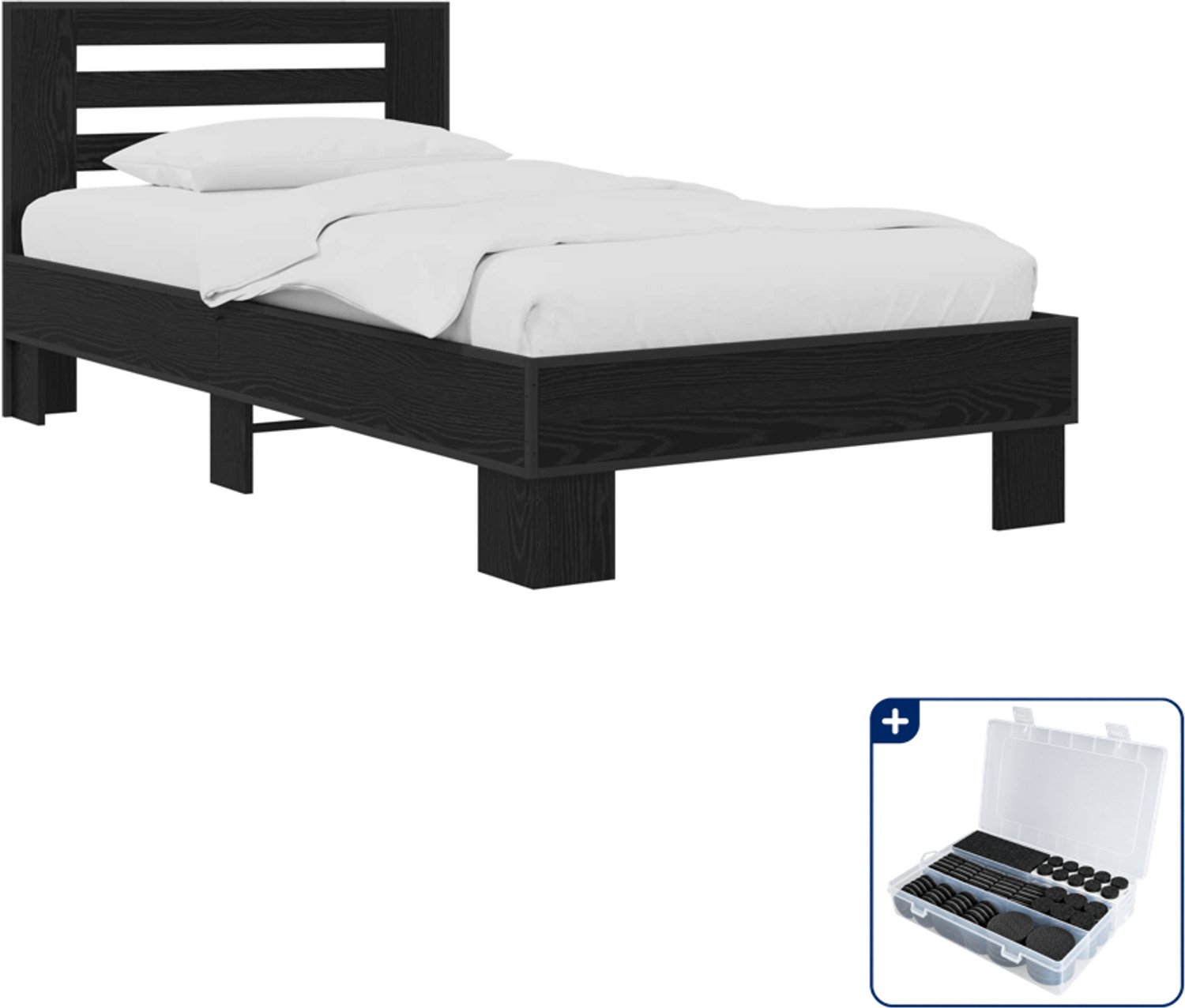 vidaXL bedframe met hoofdeinde - 80 x 200 cm - bewerkt hout - zwart eiken - Inclusief antikrasvilt 177-delig