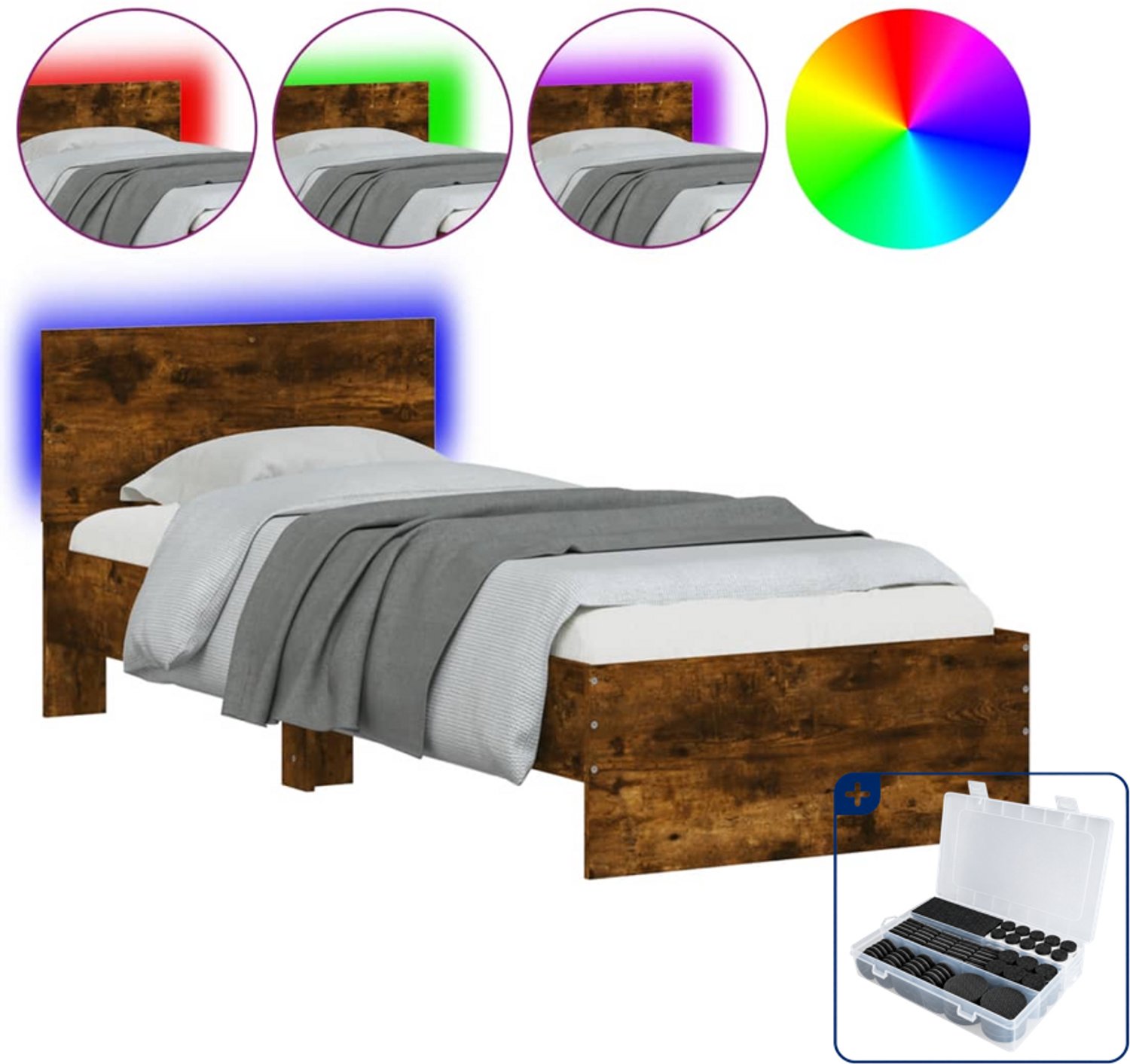 vidaXL bedframe met hoofdbord en led - 90 x 190 cm - gerookt eiken - Inclusief antikrasvilt 177-delig Bruin