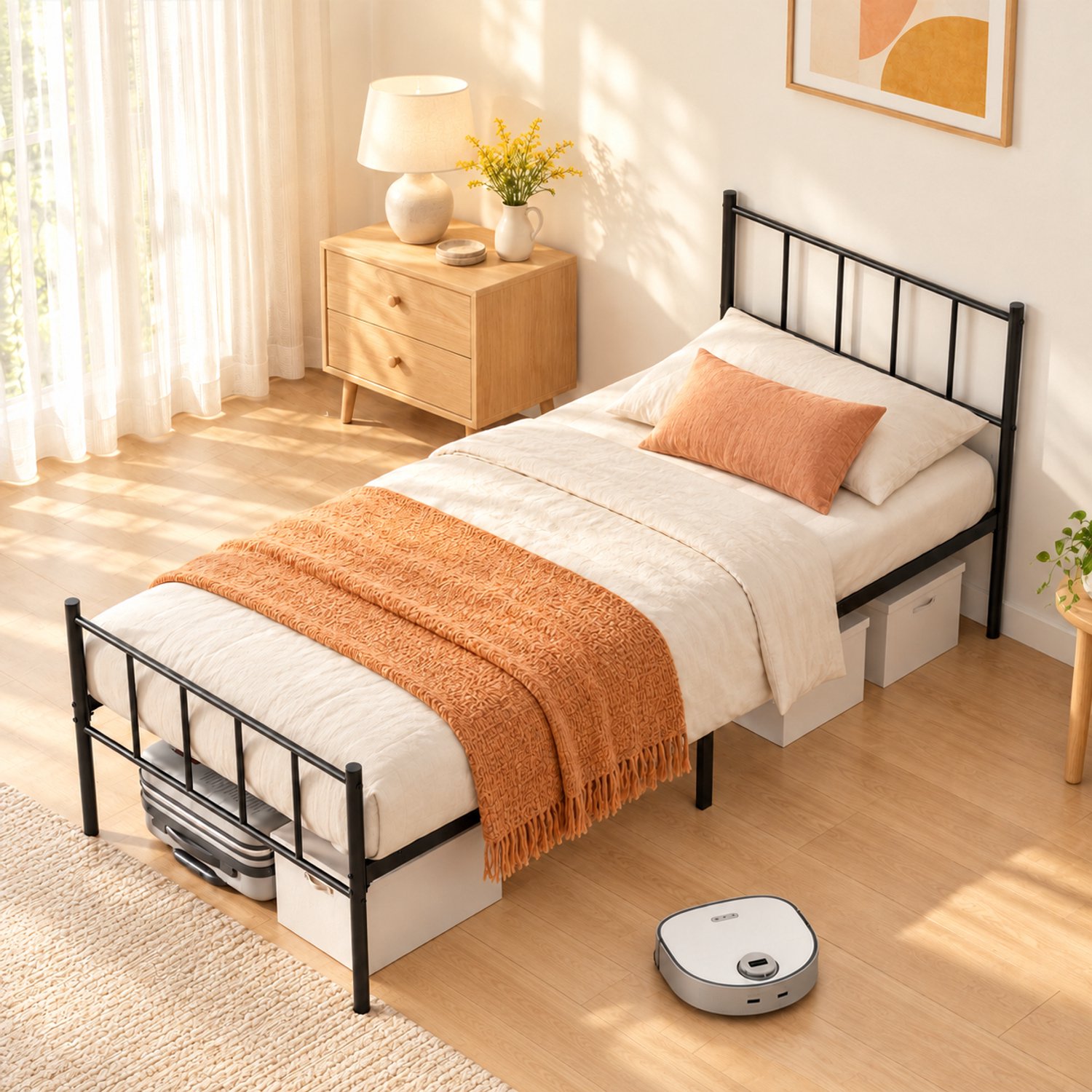 Auralum max KUTAS Metalen Bed 90x200 cm - Minimalistisch - Heavy Duty Bedframe - Stevig - Stil - Anti Slip - Grote Opbergruimte - Met Hoofdeinde en lattenbodem - Schroefloze Montage - Zwart Zwart metalen bedframe