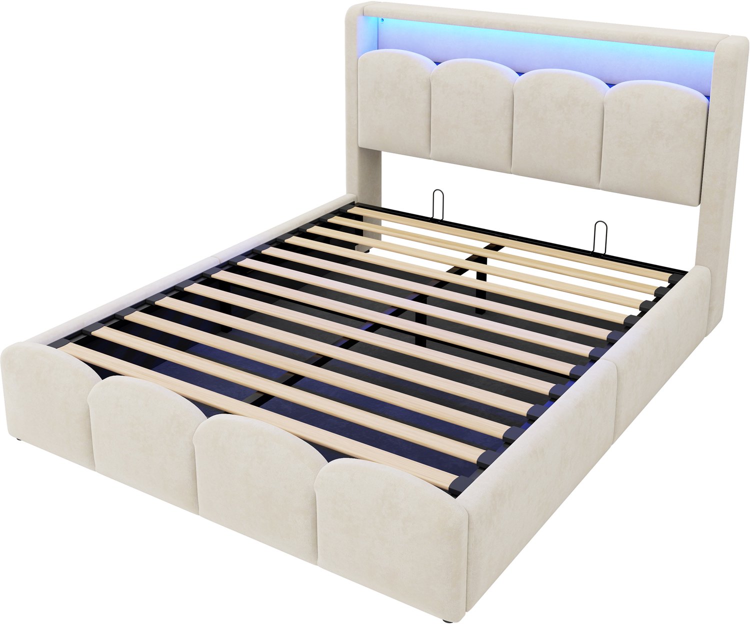 MUVANO Beige gestoffeerd bed 140x200 cm - Tweepersoonsbed met opbergruimte - Fluweel - Hydraulisch hefmechanisme - LED, USB en USB-C - Voor slaapkamer