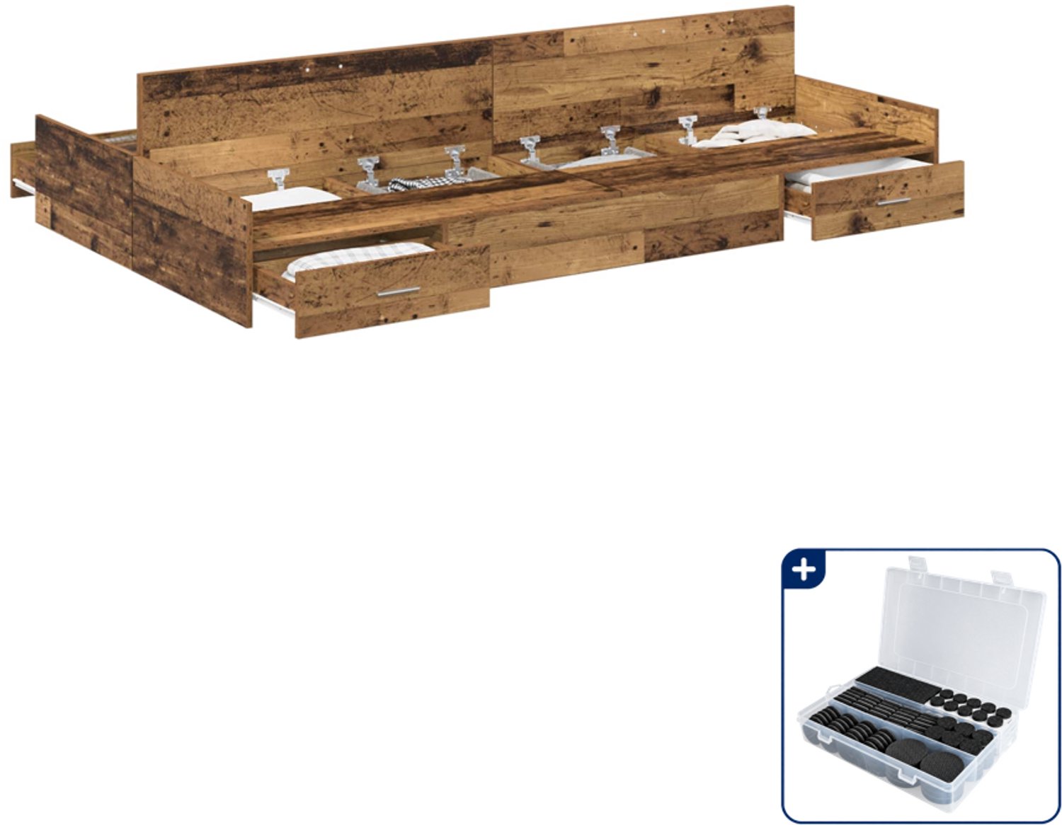 vidaXL opbergbedframe - 120 x 200 cm - oud hout - Inclusief antikrasvilt 177-delig Bruin