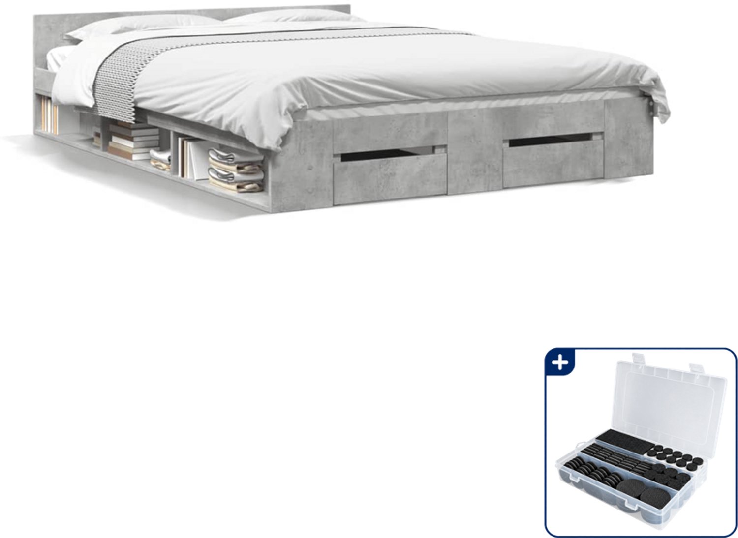 vidaXL bedframe met lades - 120 x 190 cm - bewerkt hout - betongrijs - Inclusief antikrasvilt 177-delig Bruin