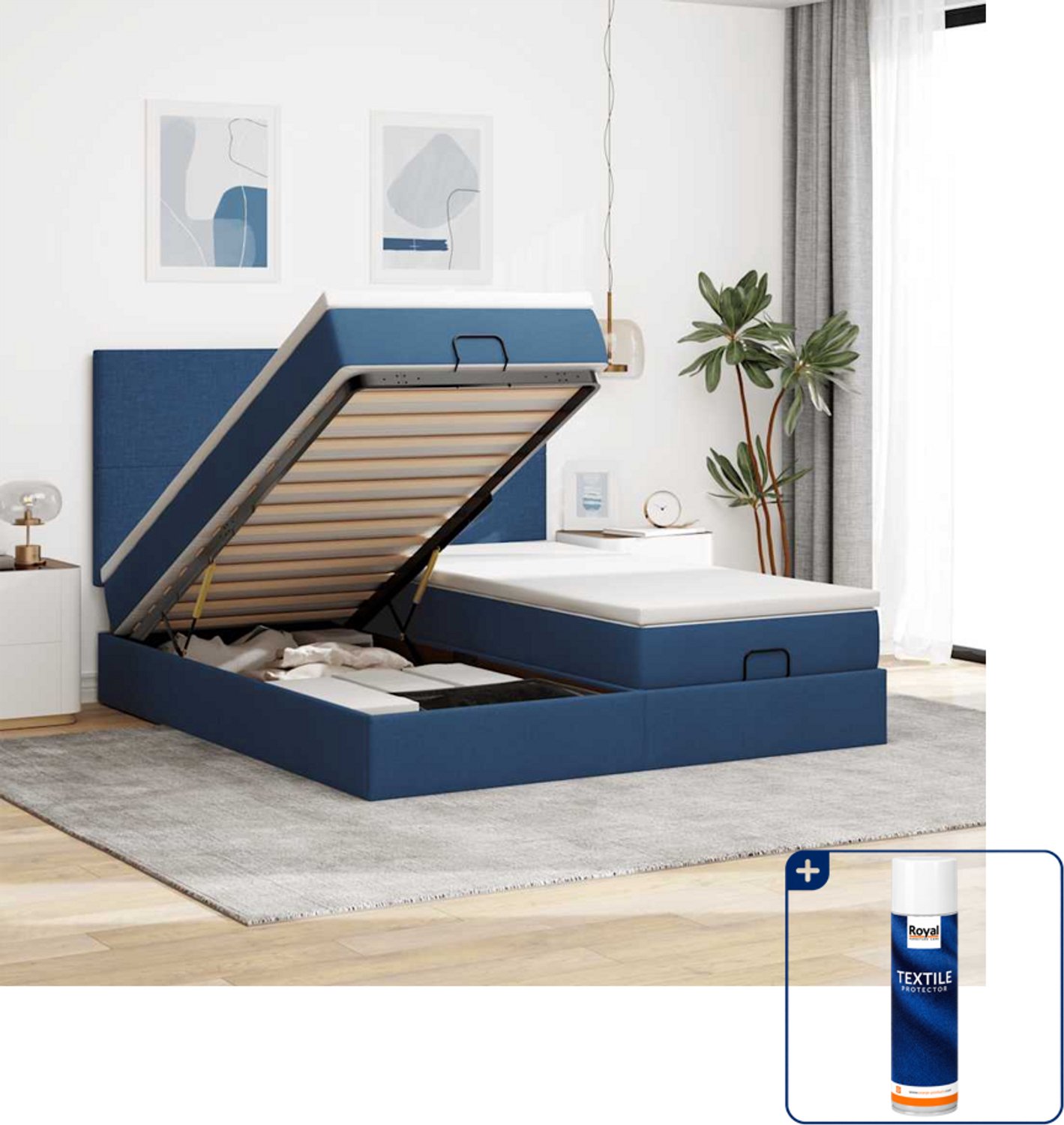 vidaXL Ottoman bed Kingsize - 180 x 200 cm - blauw - Inclusief textielbeschermer 500 ml Bruin