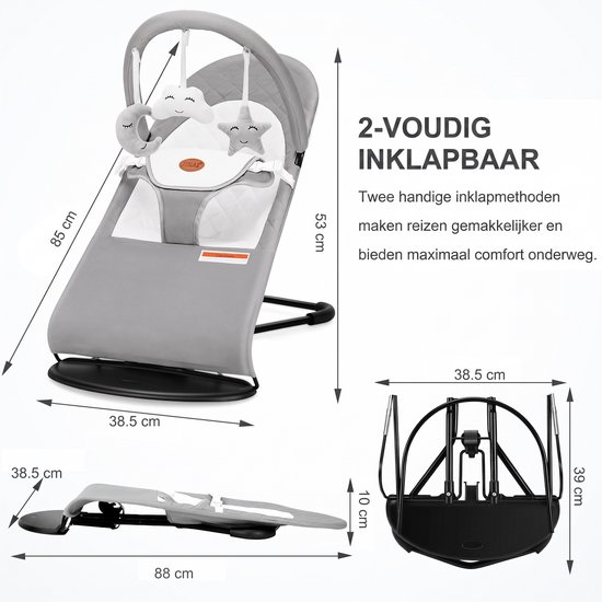 Wipstoel - Bouncer - Babywipstoel opvouwbaar - Baby Swing- 3 rugstanden - 3-puntsgordel - speelboog met 3 knuffels - afneembare wasbare katoenen hoes - tot 15 kg - lichtgrijs — afbeelding 2